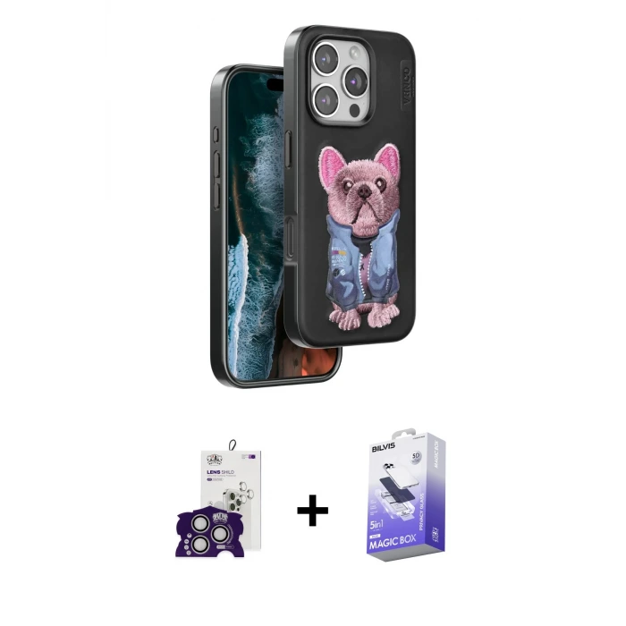 ieg™ iPhone 16 Pro Max Kılıf İz Minimal Koleksiyonu - Siyah Bilvis 5in1 5D Magic Hayalet Cam Ekran Koruyucu + Bilvis Titan Kamera Lens - GS