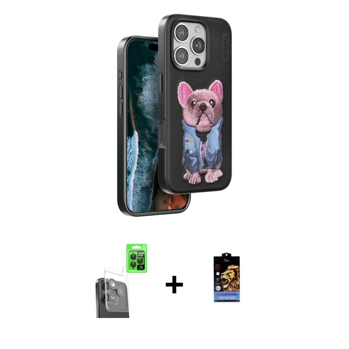 ieg™ iPhone 16 Pro Max Kılıf İz Minimal Koleksiyonu - Siyah Buffer Hayalet Cam Ekran Koruyucu + Raze Metal Kamera Lens - SH