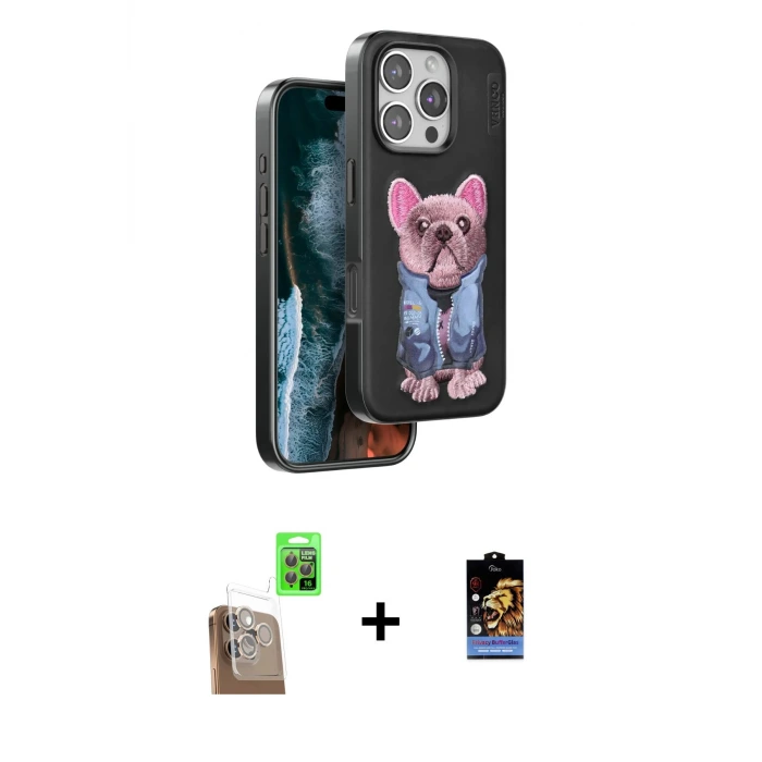 ieg™ iPhone 16 Pro Max Kılıf İz Minimal Koleksiyonu - Siyah Buffer Hayalet Cam Ekran Koruyucu + Raze Metal Kamera Lens - CLTM