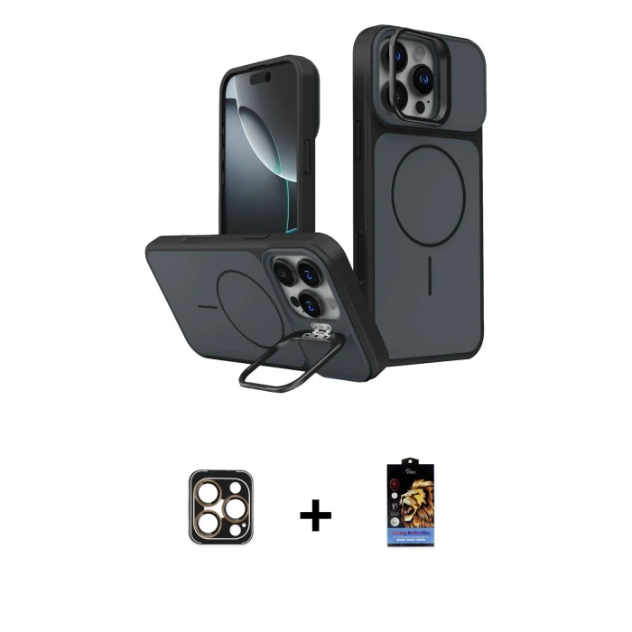 ieg™ iPhone 16 Pro Max Kılıf İz Modern Prime - Siyah Buffer Hayalet Cam Ekran Koruyucu + PVD Metal Kamera Lens - GD