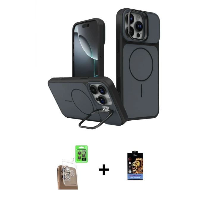 ieg™ iPhone 16 Pro Max Kılıf İz Modern Prime - Siyah Buffer Hayalet Cam Ekran Koruyucu + Raze Metal Kamera Lens - CLTM