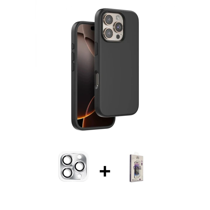 ieg™ iPhone 16 Pro Max Kılıf Kıvılcım Çizgi Serisi - Siyah Bilvis 3D Cam Ekran Koruyucu + Pers Alüminyum Kamera Lens - GS