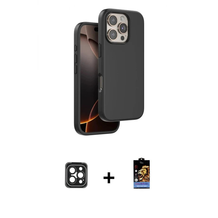 ieg™ iPhone 16 Pro Max Kılıf Kıvılcım Çizgi Serisi - Siyah Buffer Hayalet Cam Ekran Koruyucu + PVD Metal Kamera Lens - SH