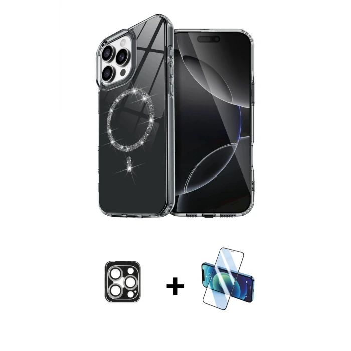 ieg™ iPhone 16 Pro Max Kılıf Kıvılcım Form Prime - Siyah 3D Antistatik Seramik Nano Ekran Koruyucu + PVD Metal Kamera Lens - GS