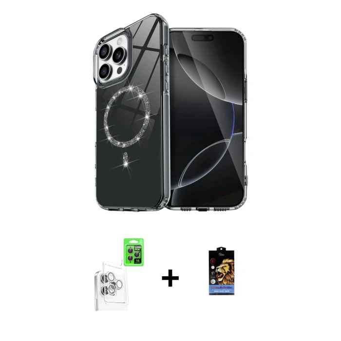 ieg™ iPhone 16 Pro Max Kılıf Kıvılcım Form Prime - Siyah Buffer Hayalet Cam Ekran Koruyucu + Raze Metal Kamera Lens - BZ