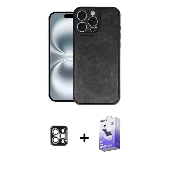 ieg™ iPhone 16 Pro Max Kılıf Kıvılcım Işık Serisi - Siyah Bilvis 5in1 5D Magic Hayalet Cam Ekran Koruyucu + PVD Metal Kamera Lens - GS