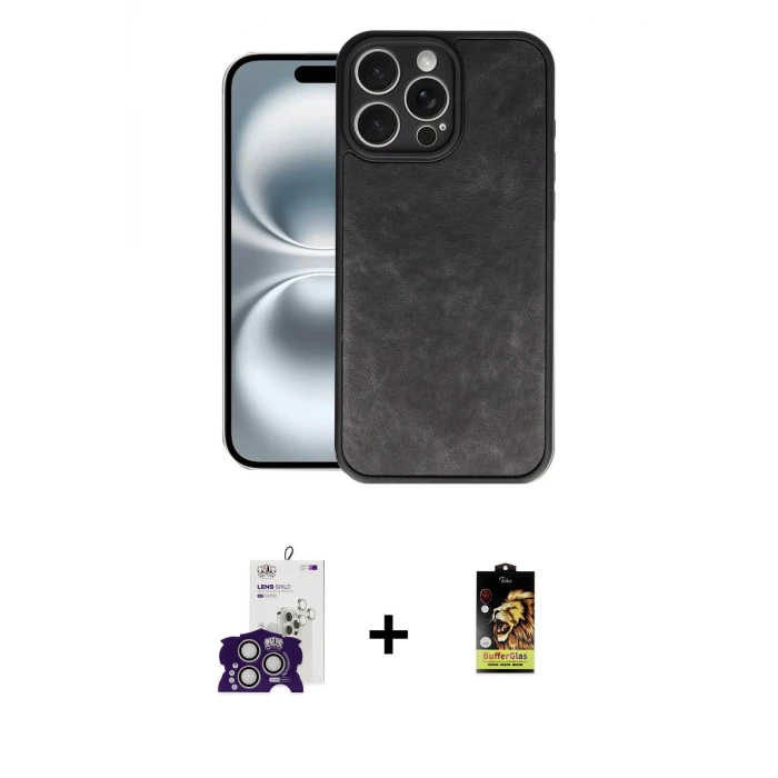 ieg™ iPhone 16 Pro Max Kılıf Kıvılcım Işık Serisi - Siyah Buffer Cam Ekran Koruyucu + Bilvis Titan Kamera Lens - GS