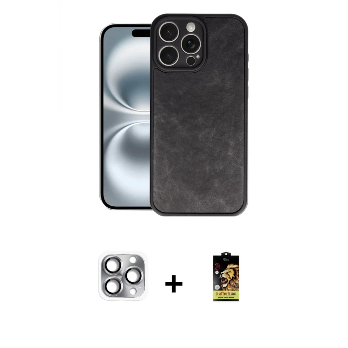ieg™ iPhone 16 Pro Max Kılıf Kıvılcım Işık Serisi - Siyah Buffer Cam Ekran Koruyucu + Pers Alüminyum Kamera Lens - GI