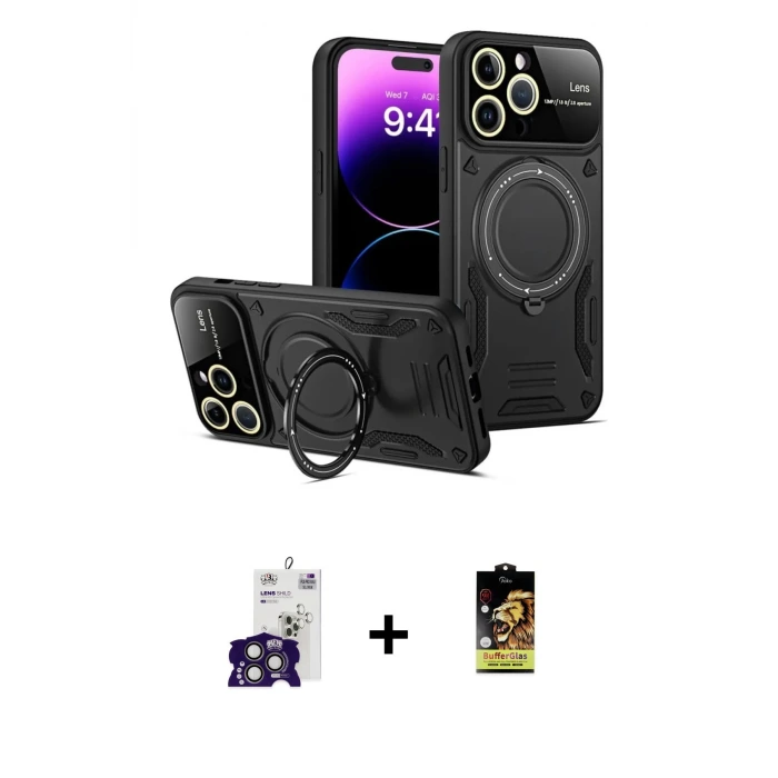 ieg™ iPhone 16 Pro Max Kılıf Kıvılcım Modern Serisi - Siyah Buffer Cam Ekran Koruyucu + Bilvis Titan Kamera Lens - TMGI