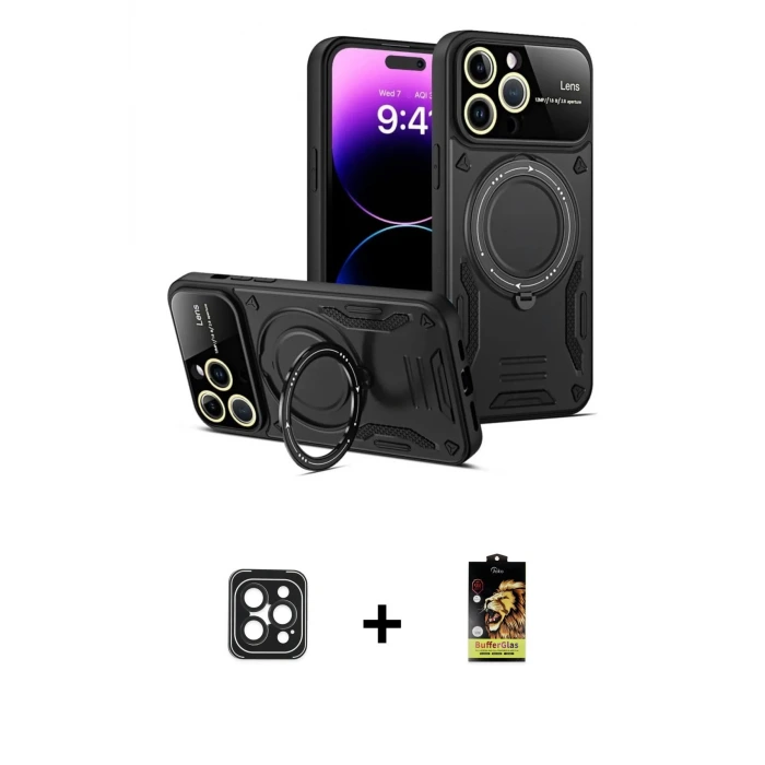 ieg™ iPhone 16 Pro Max Kılıf Kıvılcım Modern Serisi - Siyah Buffer Cam Ekran Koruyucu + PVD Metal Kamera Lens - SH