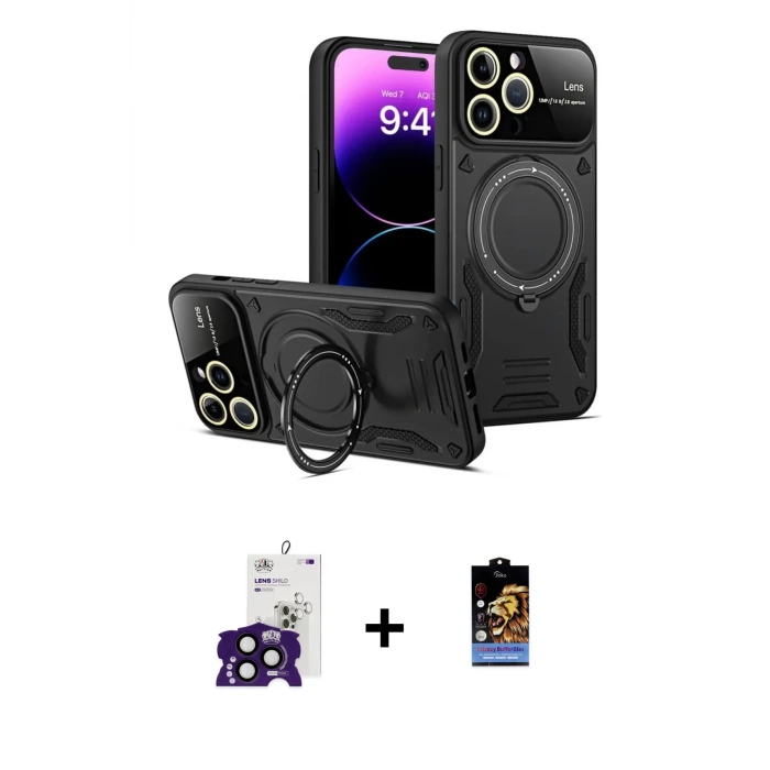 ieg™ iPhone 16 Pro Max Kılıf Kıvılcım Modern Serisi - Siyah Buffer Hayalet Cam Ekran Koruyucu + Bilvis Titan Kamera Lens - SH