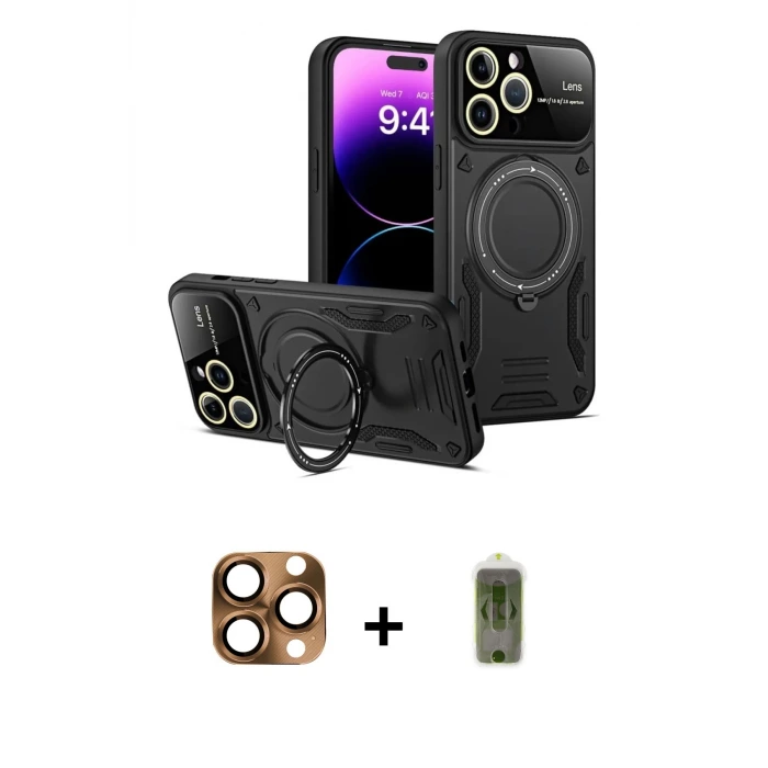 ieg™ iPhone 16 Pro Max Kılıf Kıvılcım Modern Serisi - Siyah Joko Magic 5D Hayalet Cam + Pers Alüminyum Kamera Lens - CLTM