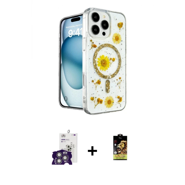 ieg™ iPhone 16 Pro Max Kılıf Kozmos Doku - Siyah Buffer Cam Ekran Koruyucu + Bilvis Titan Kamera Lens - GS