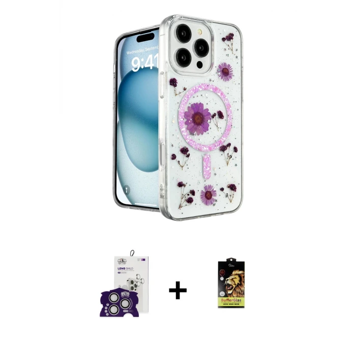 ieg™ iPhone 16 Pro Max Kılıf Kozmos Doku - Siyah Buffer Cam Ekran Koruyucu + Bilvis Titan Kamera Lens - GS