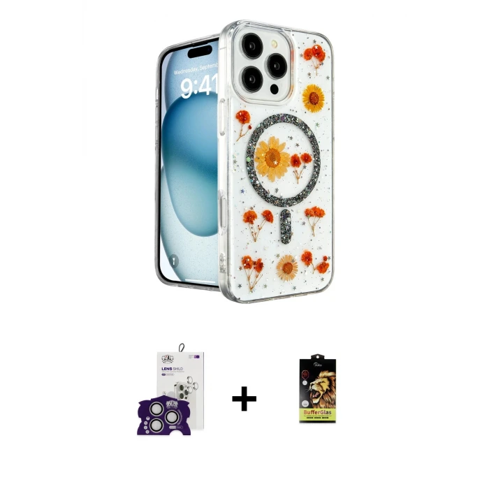 ieg™ iPhone 16 Pro Max Kılıf Kozmos Doku - Siyah Buffer Cam Ekran Koruyucu + Bilvis Titan Kamera Lens - GS