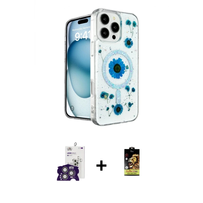 ieg™ iPhone 16 Pro Max Kılıf Kozmos Doku - Siyah Buffer Cam Ekran Koruyucu + Bilvis Titan Kamera Lens - GS