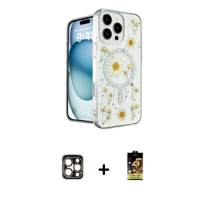 ieg™ iPhone 16 Pro Max Kılıf Kozmos Doku - Siyah Buffer Cam Ekran Koruyucu + PVD Metal Kamera Lens - GD