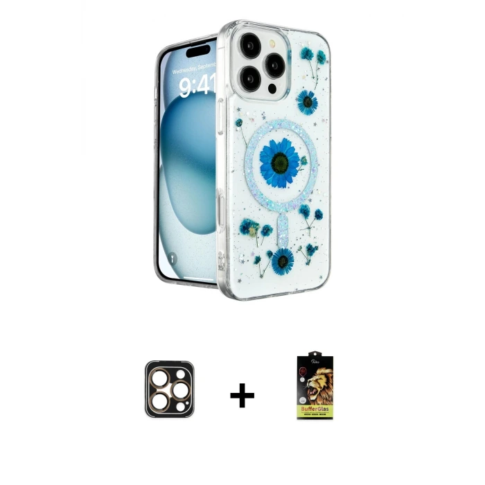 ieg™ iPhone 16 Pro Max Kılıf Kozmos Doku - Siyah Buffer Cam Ekran Koruyucu + PVD Metal Kamera Lens - GD