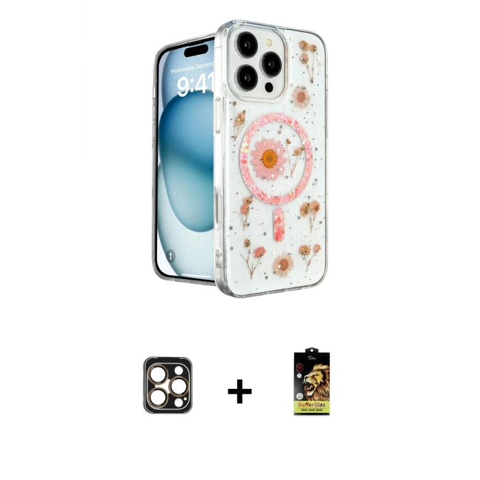ieg™ iPhone 16 Pro Max Kılıf Kozmos Doku - Siyah Buffer Cam Ekran Koruyucu + PVD Metal Kamera Lens - GD