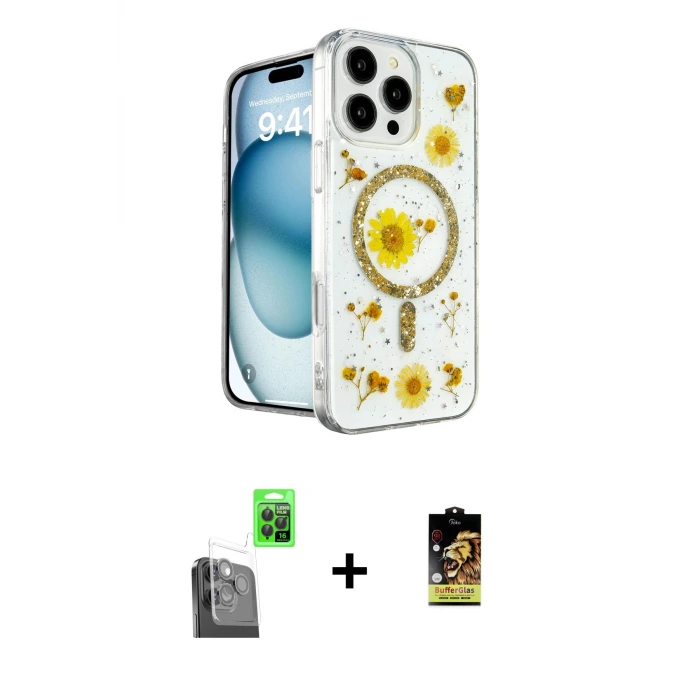 ieg™ iPhone 16 Pro Max Kılıf Kozmos Doku - Siyah Buffer Cam Ekran Koruyucu + Raze Metal Kamera Lens - SH