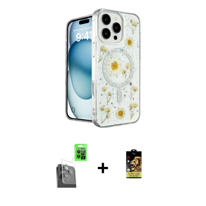 ieg™ iPhone 16 Pro Max Kılıf Kozmos Doku - Siyah Buffer Cam Ekran Koruyucu + Raze Metal Kamera Lens - SH