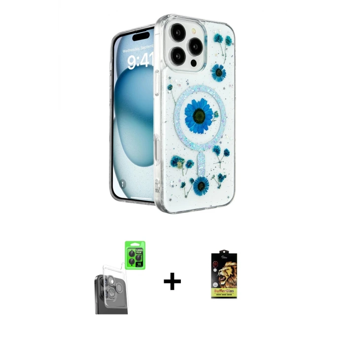 ieg™ iPhone 16 Pro Max Kılıf Kozmos Doku - Siyah Buffer Cam Ekran Koruyucu + Raze Metal Kamera Lens - SH