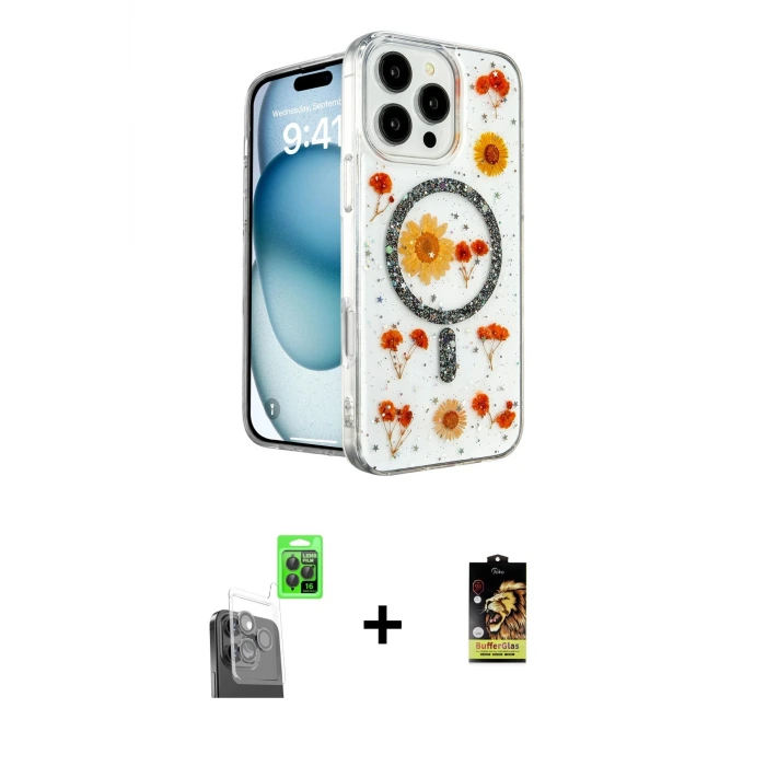 ieg™ iPhone 16 Pro Max Kılıf Kozmos Doku - Siyah Buffer Cam Ekran Koruyucu + Raze Metal Kamera Lens - SH