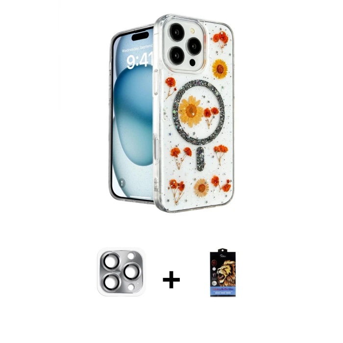ieg™ iPhone 16 Pro Max Kılıf Kozmos Doku - Siyah Buffer Hayalet Cam Ekran Koruyucu + Pers Alüminyum Kamera Lens - GI