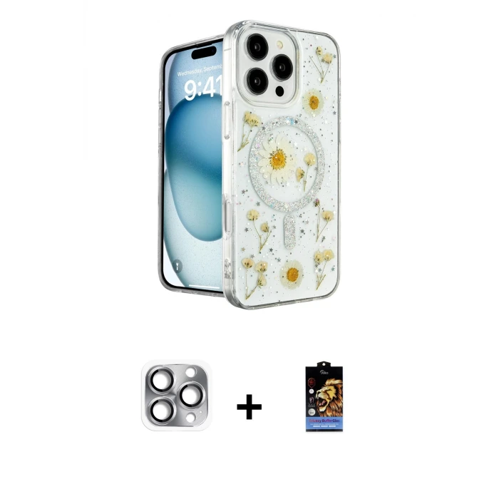 ieg™ iPhone 16 Pro Max Kılıf Kozmos Doku - Siyah Buffer Hayalet Cam Ekran Koruyucu + Pers Alüminyum Kamera Lens - GI
