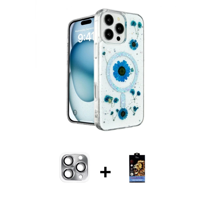 ieg™ iPhone 16 Pro Max Kılıf Kozmos Doku - Siyah Buffer Hayalet Cam Ekran Koruyucu + Pers Alüminyum Kamera Lens - GI