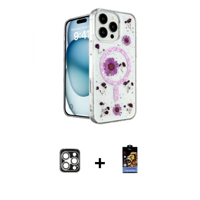 ieg™ iPhone 16 Pro Max Kılıf Kozmos Doku - Siyah Buffer Hayalet Cam Ekran Koruyucu + PVD Metal Kamera Lens - GS