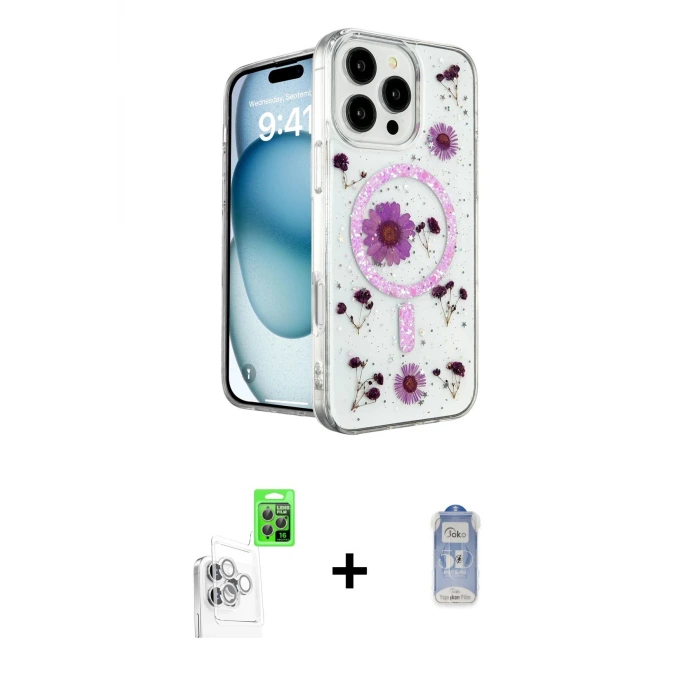 ieg™ iPhone 16 Pro Max Kılıf Kozmos Doku - Siyah Joko Magic 5D Cam + Raze Metal Kamera Lens - BZ