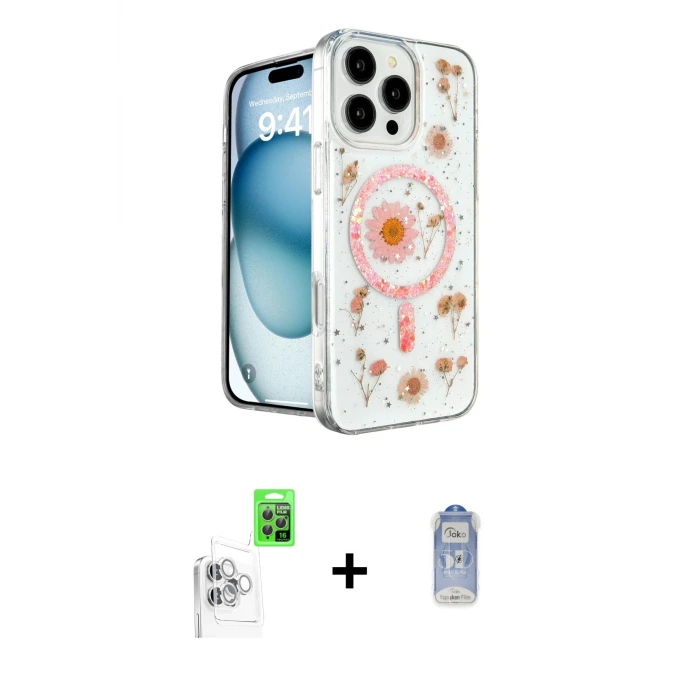 ieg™ iPhone 16 Pro Max Kılıf Kozmos Doku - Siyah Joko Magic 5D Cam + Raze Metal Kamera Lens - BZ