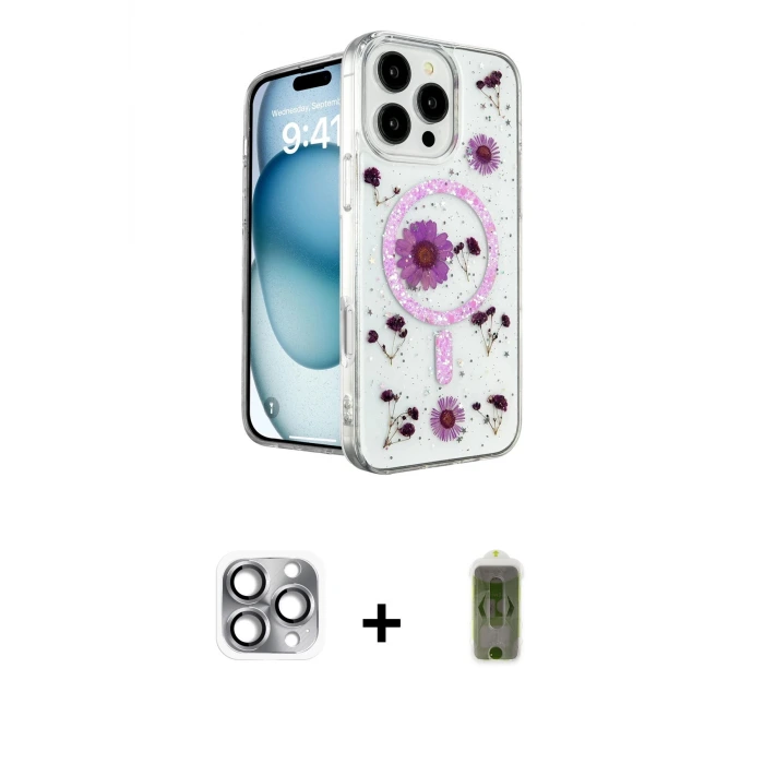 ieg™ iPhone 16 Pro Max Kılıf Kozmos Doku - Siyah Joko Magic 5D Hayalet Cam + Pers Alüminyum Kamera Lens - GI