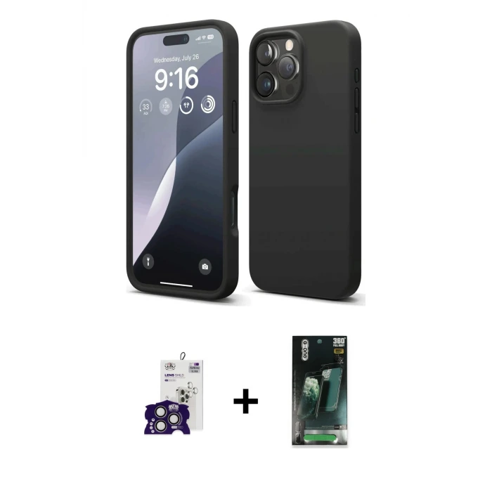 ieg™ iPhone 16 Pro Max Kılıf Kozmos Yansıma Özel Seri - Siyah 360 Mat Full Body Arka Koruyucu + Bilvis Titan Kamera Lens - TMGI