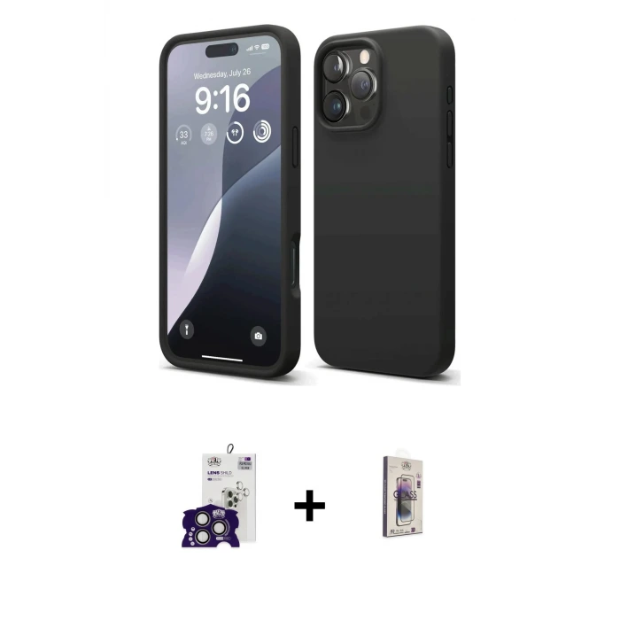 ieg™ iPhone 16 Pro Max Kılıf Kozmos Yansıma Özel Seri - Siyah Bilvis 3D Cam Ekran Koruyucu + Bilvis Titan Kamera Lens - TMGI