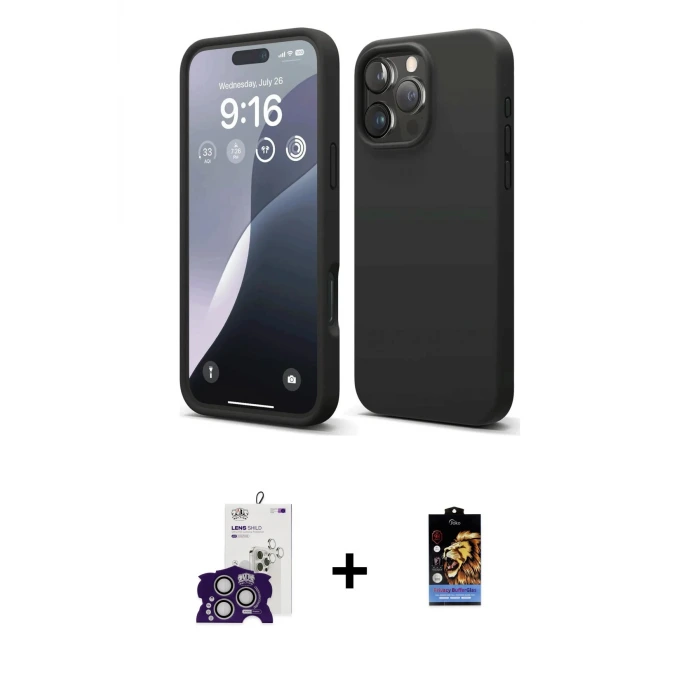 ieg™ iPhone 16 Pro Max Kılıf Kozmos Yansıma Özel Seri - Siyah Buffer Hayalet Cam Ekran Koruyucu + Bilvis Titan Kamera Lens - GS