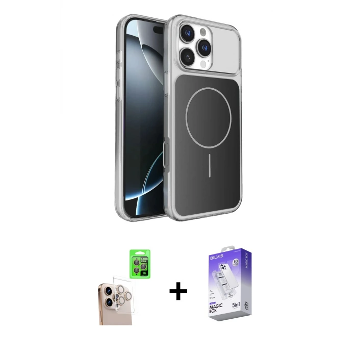 ieg™ iPhone 16 Pro Max Kılıf Kutup Doku Serisi - Siyah Bilvis 5in1 3D Magic Cam Ekran Koruyucu + Raze Metal Kamera Lens - NLGY