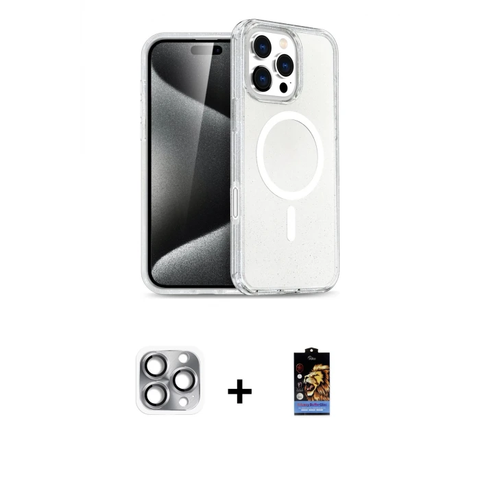 ieg™ iPhone 16 Pro Max Kılıf Nova Asil Prime - Siyah Buffer Hayalet Cam Ekran Koruyucu + Pers Alüminyum Kamera Lens - GI