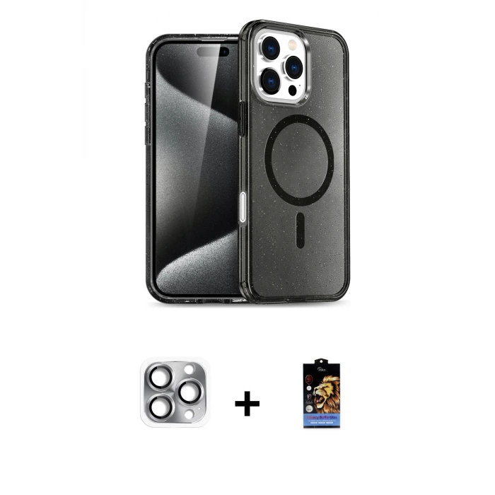 ieg™ iPhone 16 Pro Max Kılıf Nova Asil Prime - Siyah Buffer Hayalet Cam Ekran Koruyucu + Pers Alüminyum Kamera Lens - GI
