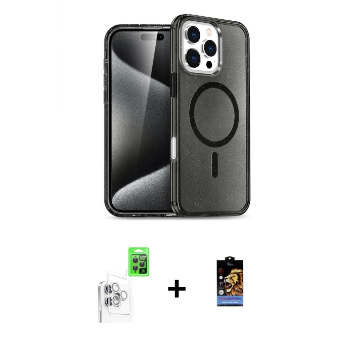 ieg™ iPhone 16 Pro Max Kılıf Nova Asil Prime - Siyah Buffer Hayalet Cam Ekran Koruyucu + Raze Metal Kamera Lens - BZ