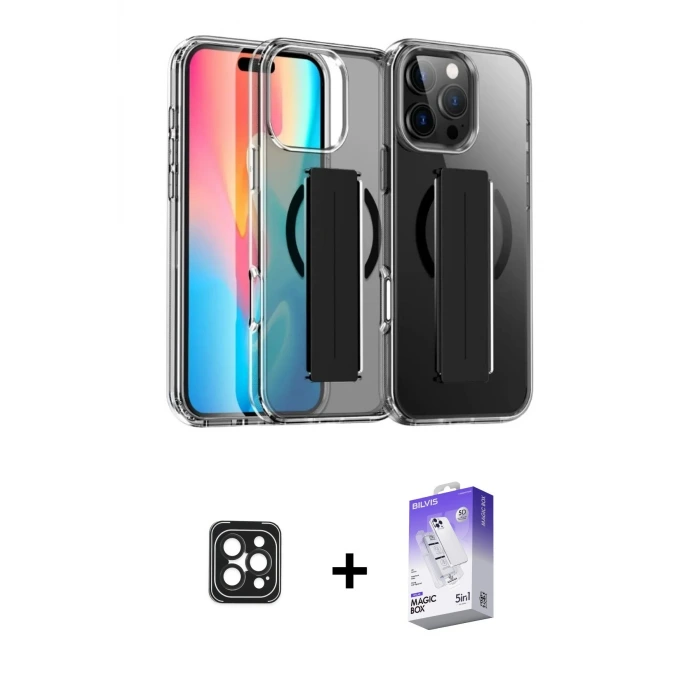ieg™ iPhone 16 Pro Max Kılıf Nova Işık Koleksiyonu - Siyah Bilvis 5in1 3D Magic Cam Ekran Koruyucu + PVD Metal Kamera Lens - SH