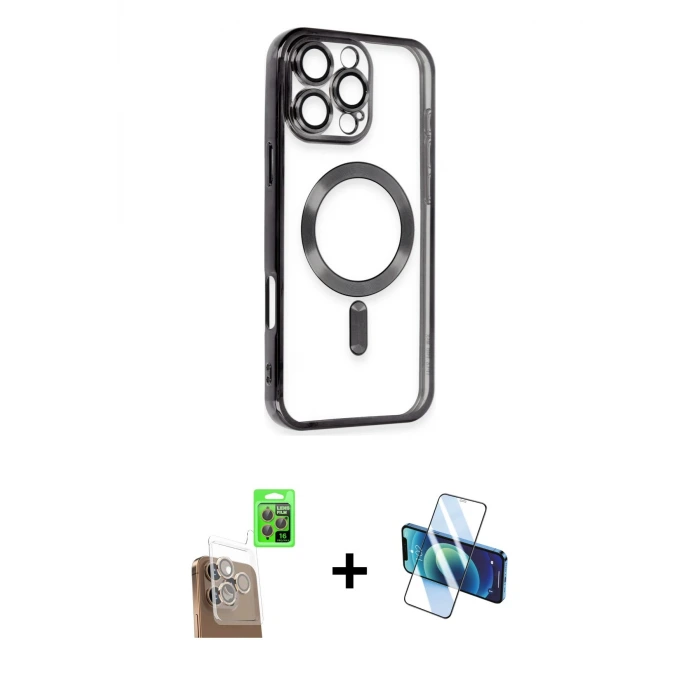ieg™ iPhone 16 Pro Max Kılıf Nova Işık Özel Seri - Siyah 3D Antistatik Seramik Nano Ekran Koruyucu + Raze Metal Kamera Lens - CLTM