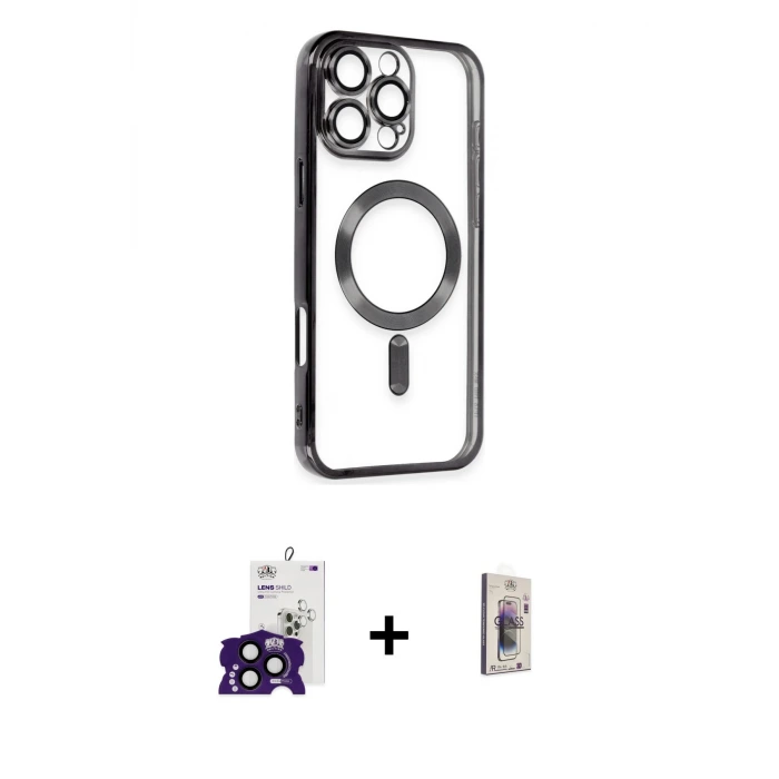 ieg™ iPhone 16 Pro Max Kılıf Nova Işık Özel Seri - Siyah Bilvis 3D Cam Ekran Koruyucu + Bilvis Titan Kamera Lens - SH