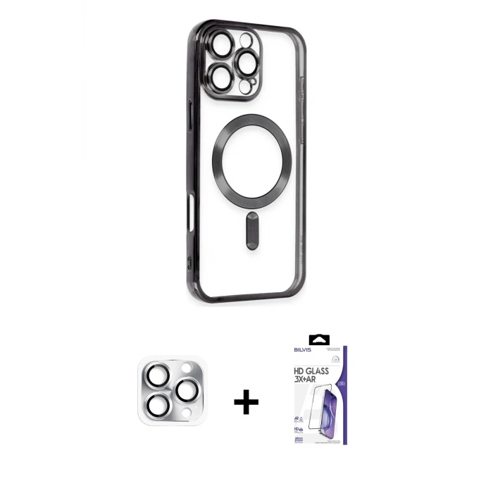ieg™ iPhone 16 Pro Max Kılıf Nova Işık Özel Seri - Siyah Bilvis 3X AR HD Cam Ekran Koruyucu + Pers Alüminyum Kamera Lens - GS