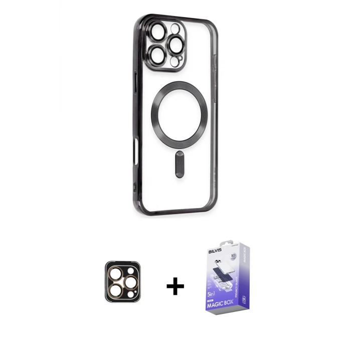ieg™ iPhone 16 Pro Max Kılıf Nova Işık Özel Seri - Siyah Bilvis 5in1 5D Magic Hayalet Cam Ekran Koruyucu + PVD Metal Kamera Lens - GD