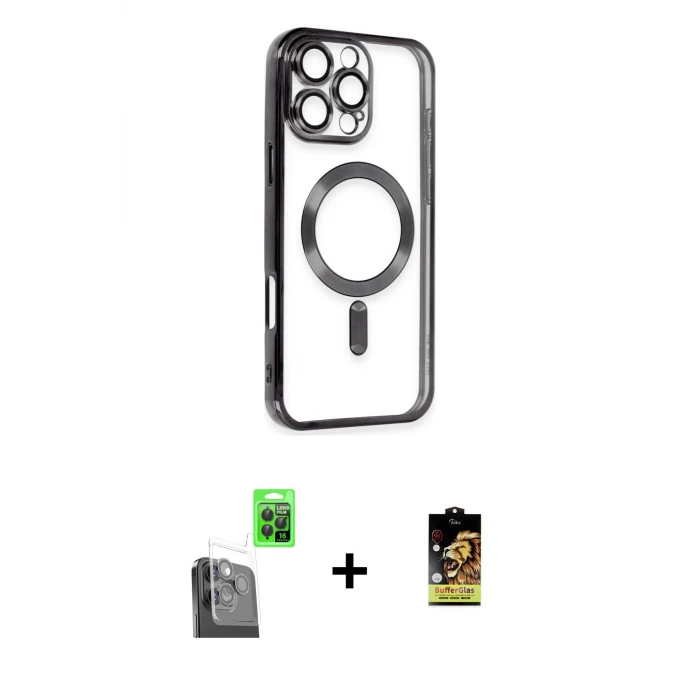 ieg™ iPhone 16 Pro Max Kılıf Nova Işık Özel Seri - Siyah Buffer Cam Ekran Koruyucu + Raze Metal Kamera Lens - SH