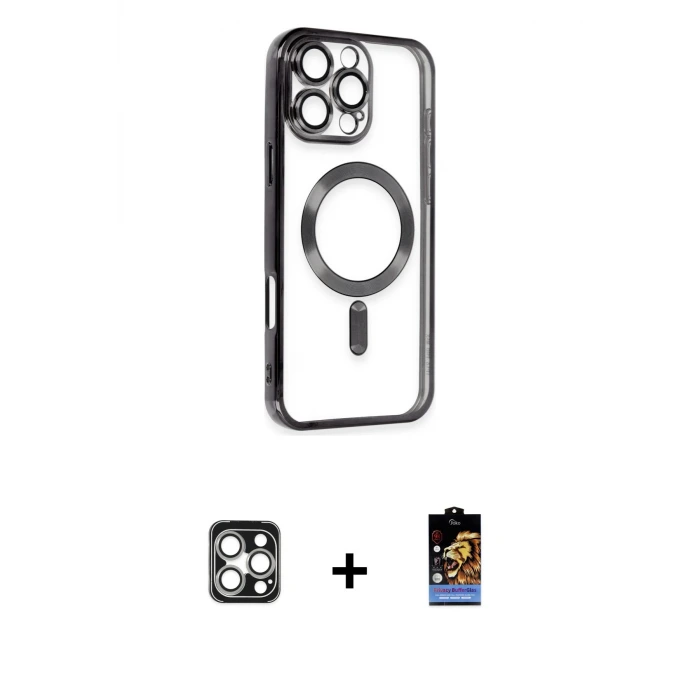 ieg™ iPhone 16 Pro Max Kılıf Nova Işık Özel Seri - Siyah Buffer Hayalet Cam Ekran Koruyucu + PVD Metal Kamera Lens - GS