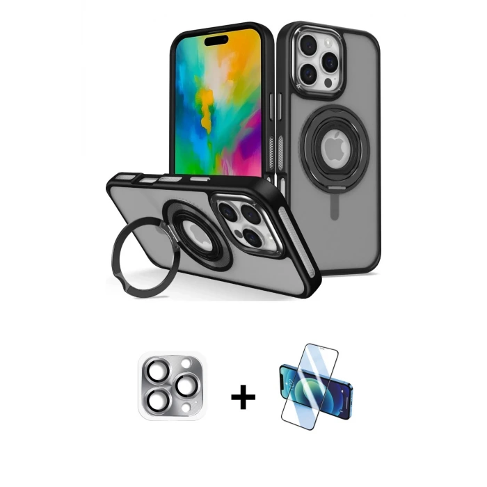 ieg™ iPhone 16 Pro Max Kılıf Nova Minimal Serisi - Siyah 3D Antistatik Seramik Nano Ekran Koruyucu + Pers Alüminyum Kamera Lens - GI