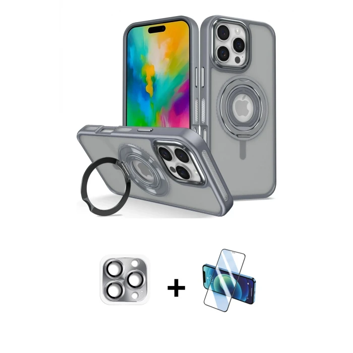 ieg™ iPhone 16 Pro Max Kılıf Nova Minimal Serisi - Siyah 3D Antistatik Seramik Nano Ekran Koruyucu + Pers Alüminyum Kamera Lens - GI